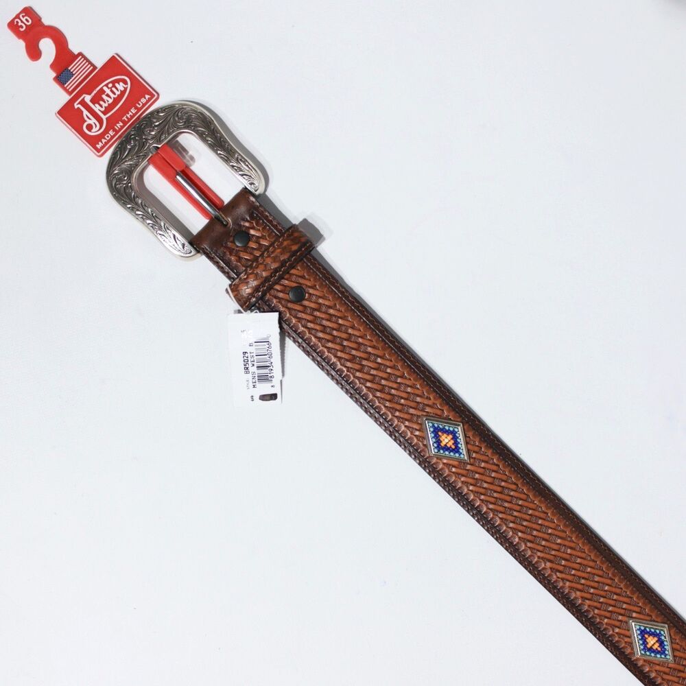NWT Justin USA Brown Leather Western Belt Native Beaded Men Size 36 (43" x 1.5")
